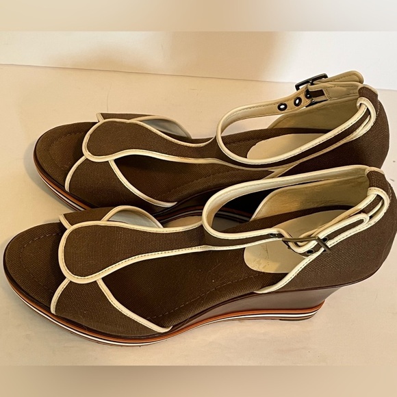 Cole Haan G Series Brown Canvas Stripes Peep Toe Wedge Heel Sandal - Picture 9 of 17